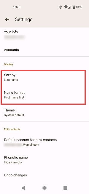 "Sort by" and "Name format" options in Google Contacts app.