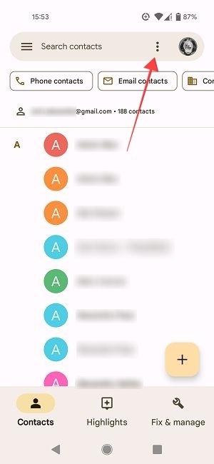 Tapping on three-dots in the Google Contacts app.