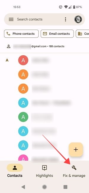 "Fix & manage" option in Google Contacts app.