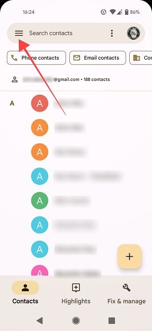Hamburger menu in Google Contacts app. 