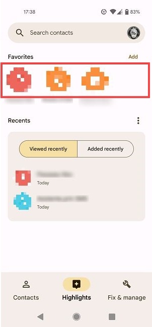 Favorite contacts in Google Contacts app.