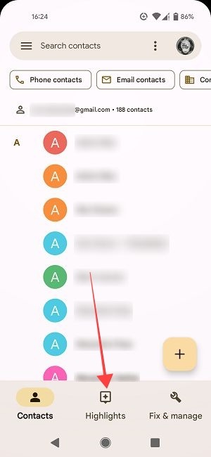 "Highlights" option in Google Contacts app.