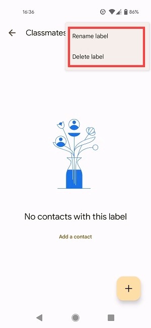 Rename/delete label options under label in Google Contacts app.