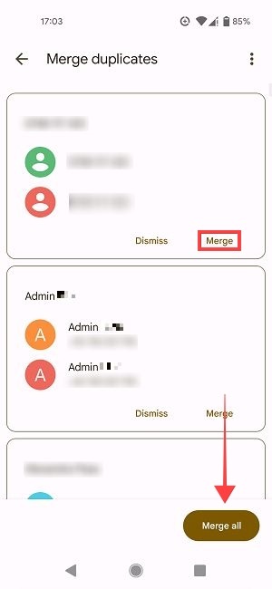 Merge duplicates screen with options in Google Contacts app.