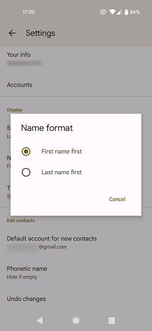 "Name format" options in Google Contacts app.