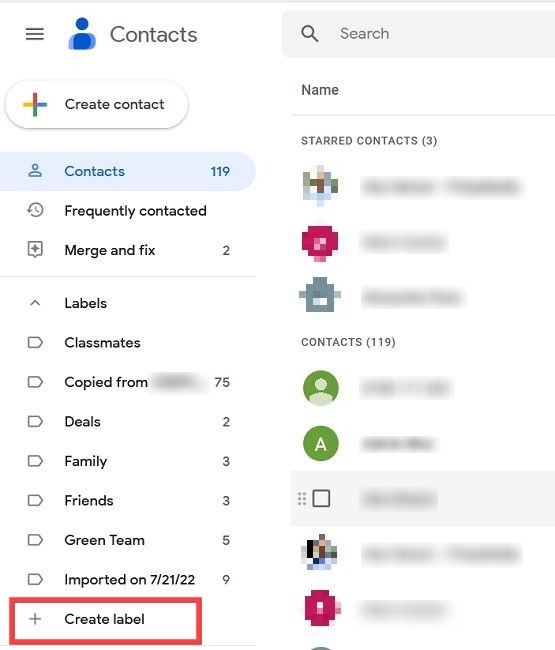 "Create label" option in Google Contacts on PC.
