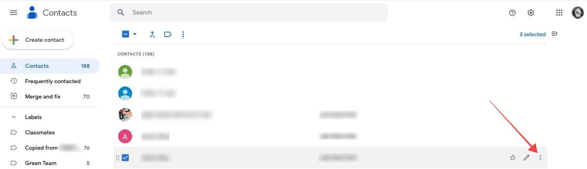 Three dots next to selected contacts in Google Contacts for PC.