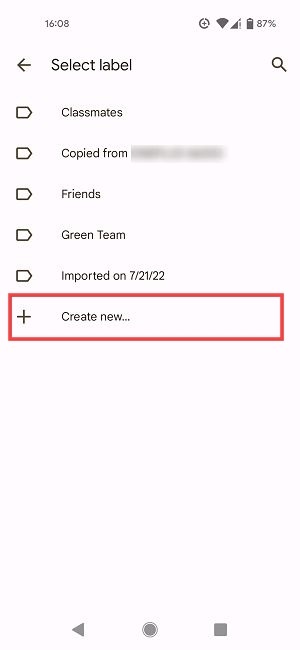 "Create new" label in Google Contacts app.