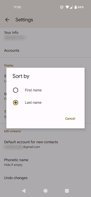 "Sort by" options in Google Contacts app.