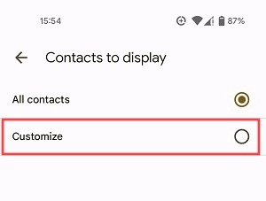 Selecting "Customize" in the Google Contacts app.