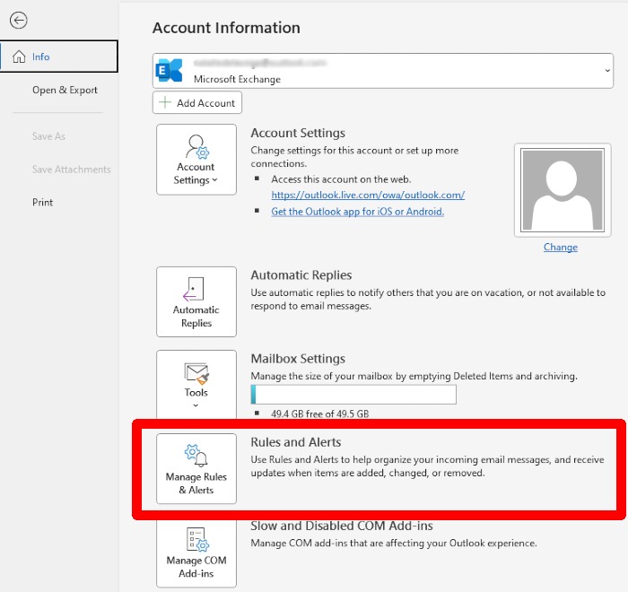 Clicking on "Rules and Alerts" in legacy Outlook for Windows.
