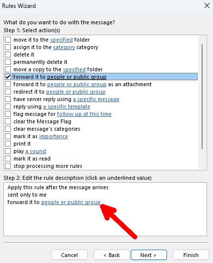 Selecting an action for rule in legacy Outlook for Windows.