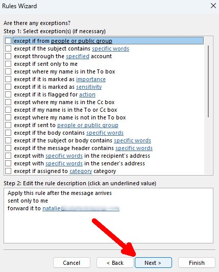 Add exceptions to rule in legacy Outlook for Windows.