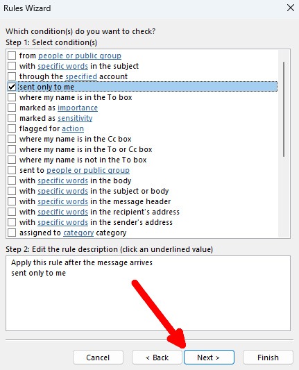 Selecting a condition for rule in legacy Outlook for Windows.