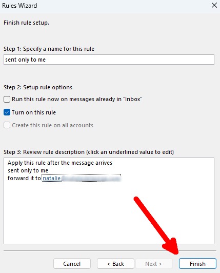 Finish creating new rule in legacy Outlook for Windows.