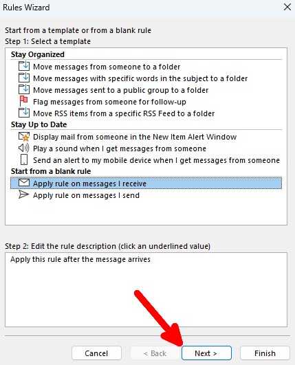 "Apply rule on messages I receive" option in legacy Outlook for Windows.