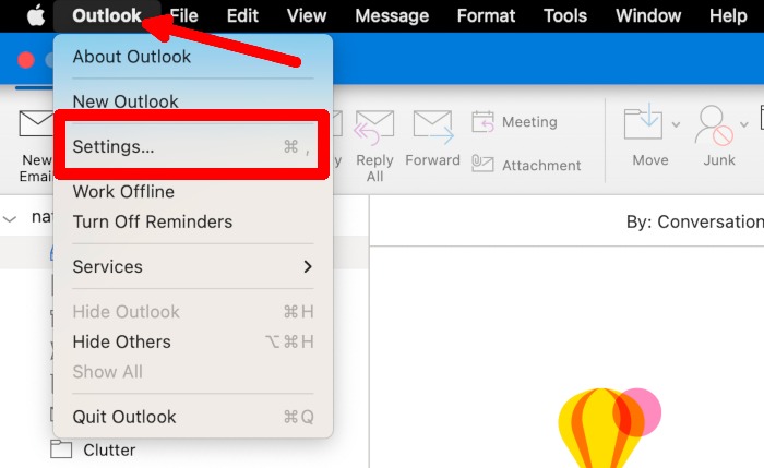 Clicking on the Settings option in Outlook for Mac.