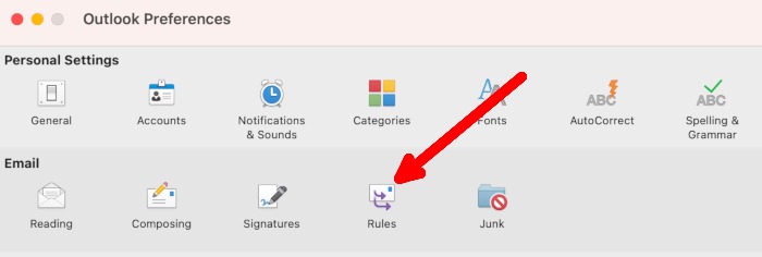 Clicking on "Rules" in Outlook for Mac.