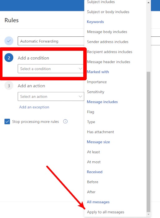 Adding a condition to new rule in new Outlook for Windows.