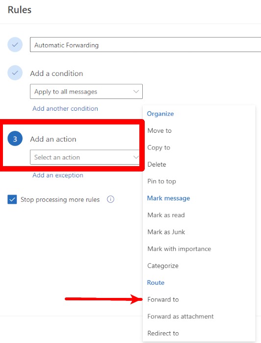 Adding an action to rule in new Outlook for Windows.