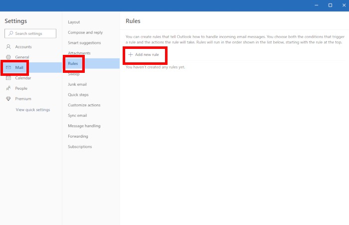 "Add a new rule" option in new Outlook for Windows.