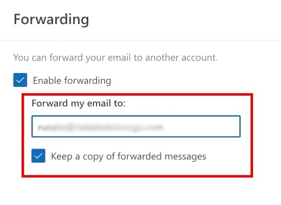 Adding email address for forwarding in Outlook for web.