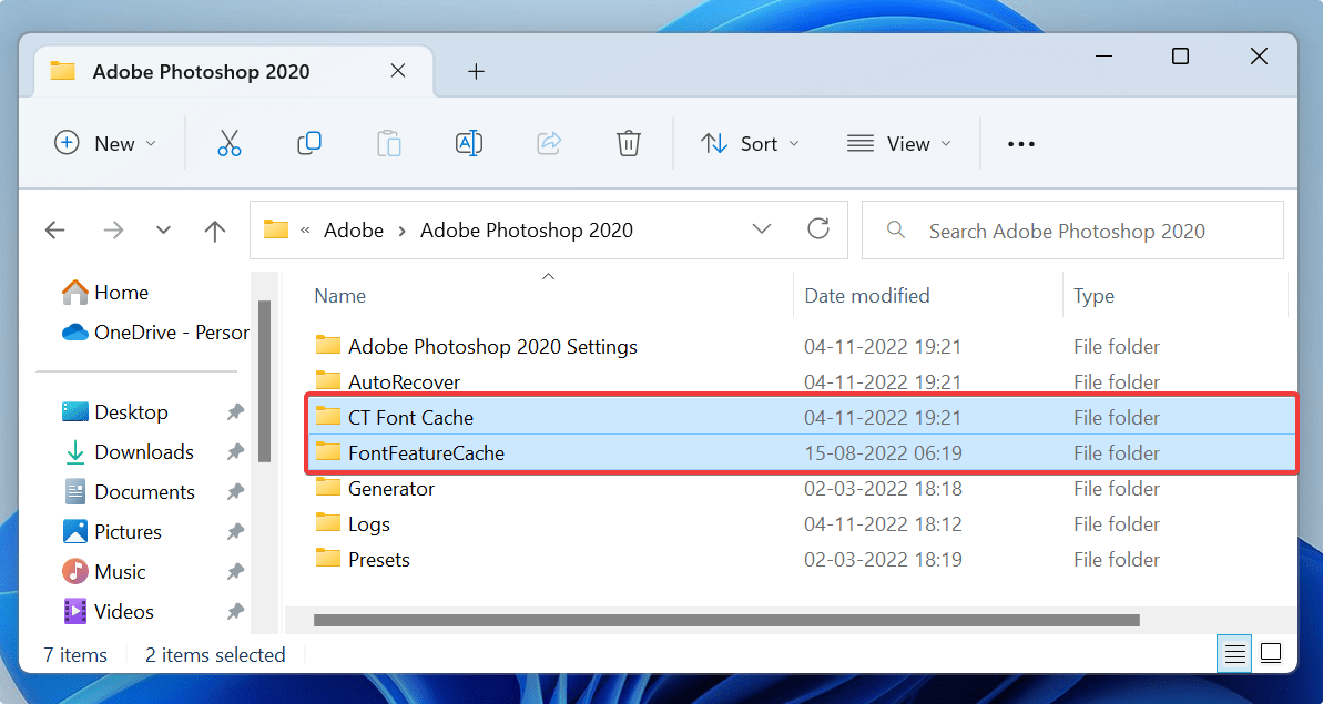 Photoshop font folders in File Explorer.