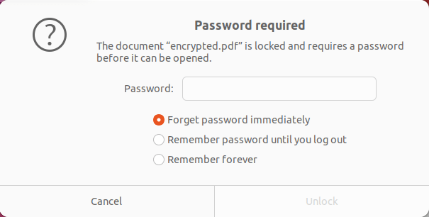 A section of Evince's password prompt dialog box.