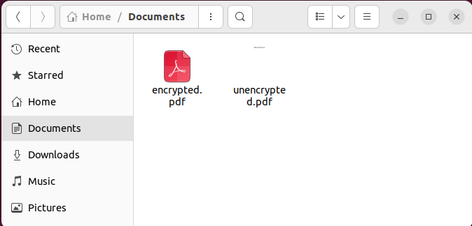 A file manager window showing the encrypted and unencrypted PDF files.