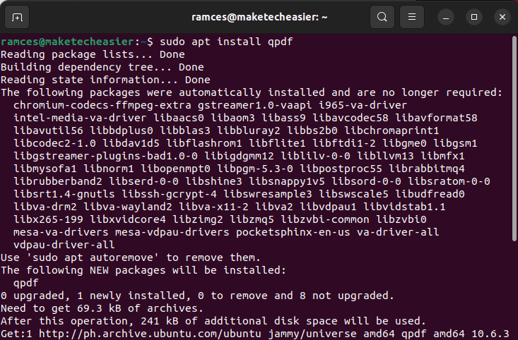 A terminal window showing the installation process for qpdf.