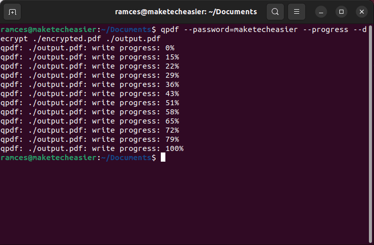 A terminal window showing the qpdf decryption process.