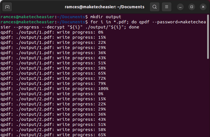 A terminal window showing a for loop with qpdf.