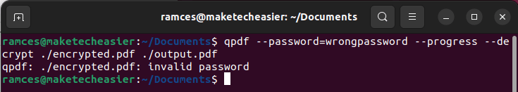 A section of a terminal showing a PDF decryption with a wrong password.