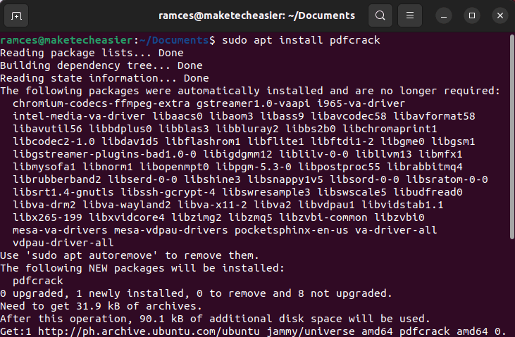 A terminal window showing the pdfcrack installation process.