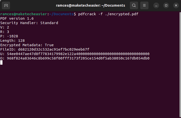 A terminal window showing a basic pdfcrack session.