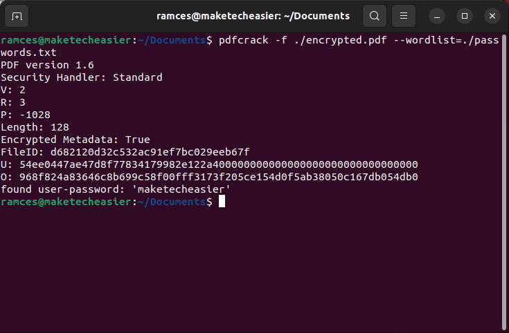 A terminal window showing a pdfcrack session with a dictionary file.
