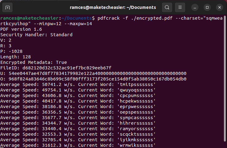 A terminal window showing a pdfcrack session with restricted parameters.