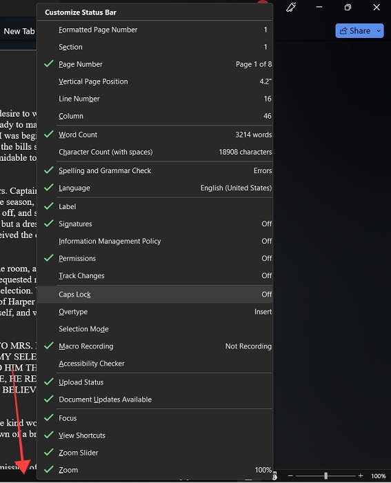 Clicking on the status bar in Word.