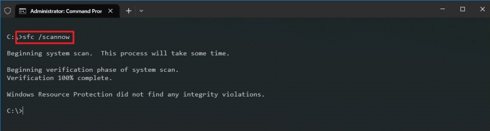 SFC scan in execution in Command Prompt window.
