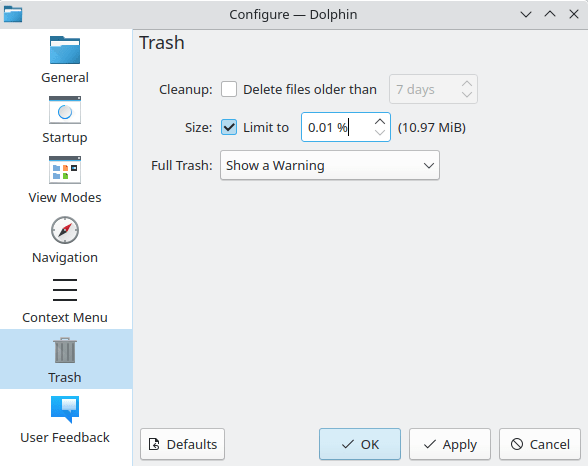 A window showing Dolphin's Trash quota settings.