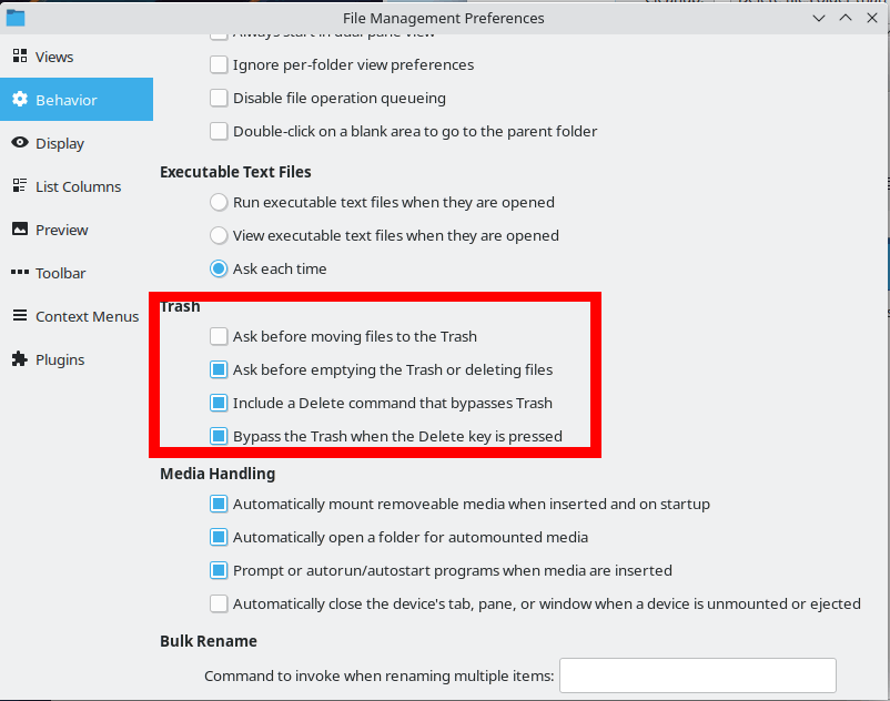 A nemo window showing the additional Trash settings for the system.