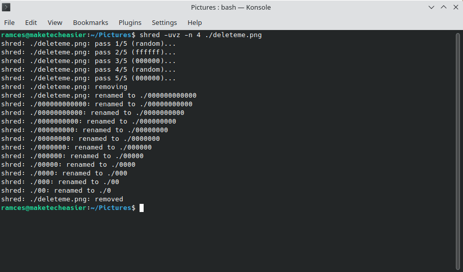 A terminal window showing a 5-pass shred command.