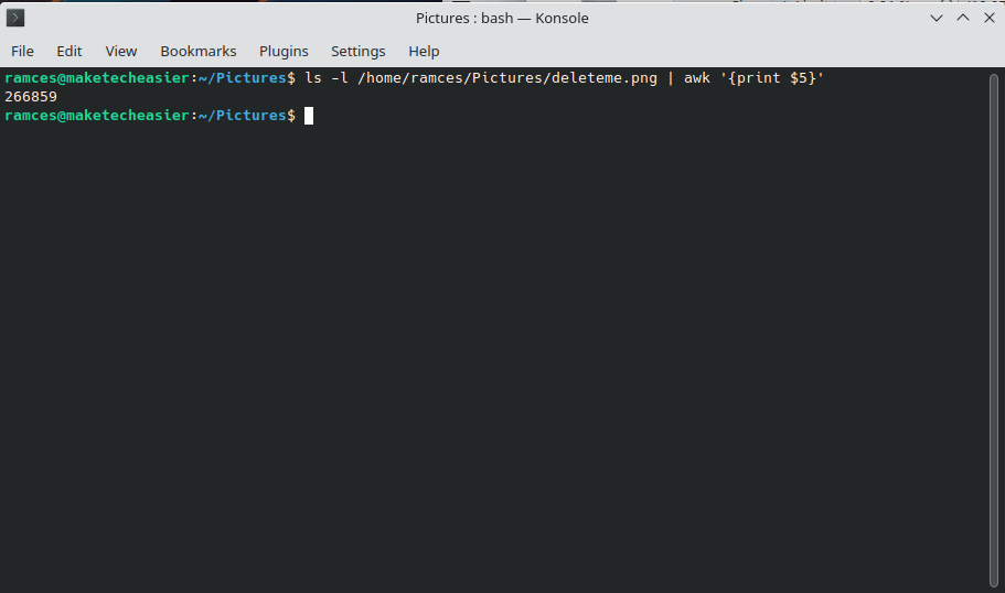 A terminal window showing the file byte size.