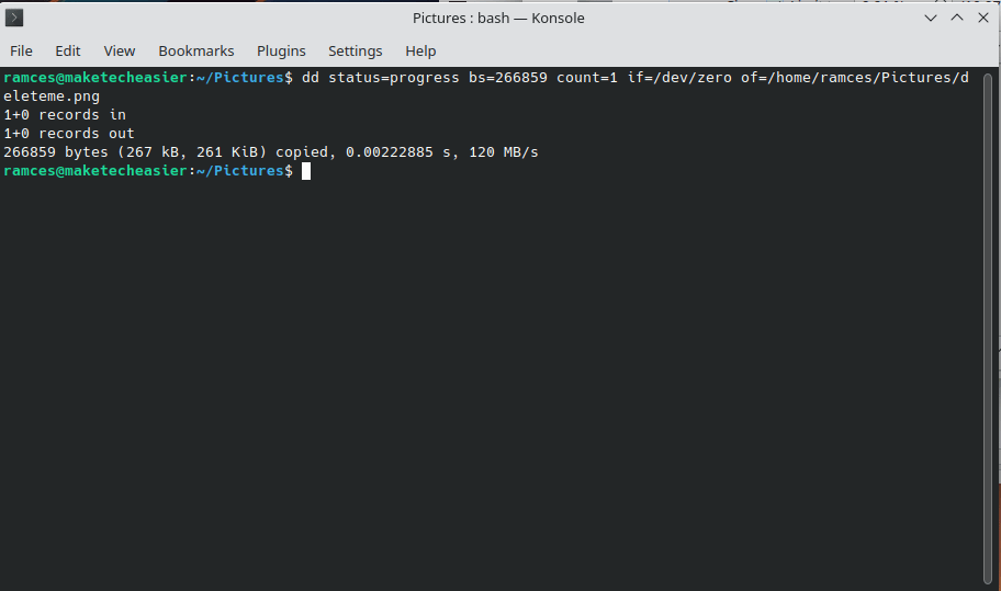 A terminal window showing dd in action.
