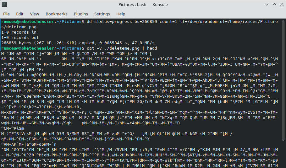 A terminal window showing dd feeding random data.