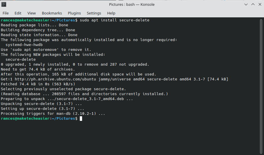 A terminal window showing the secure-delete installation.