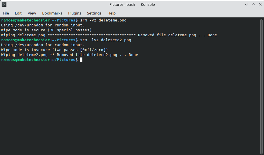 A terminal window showing the secure delete process.