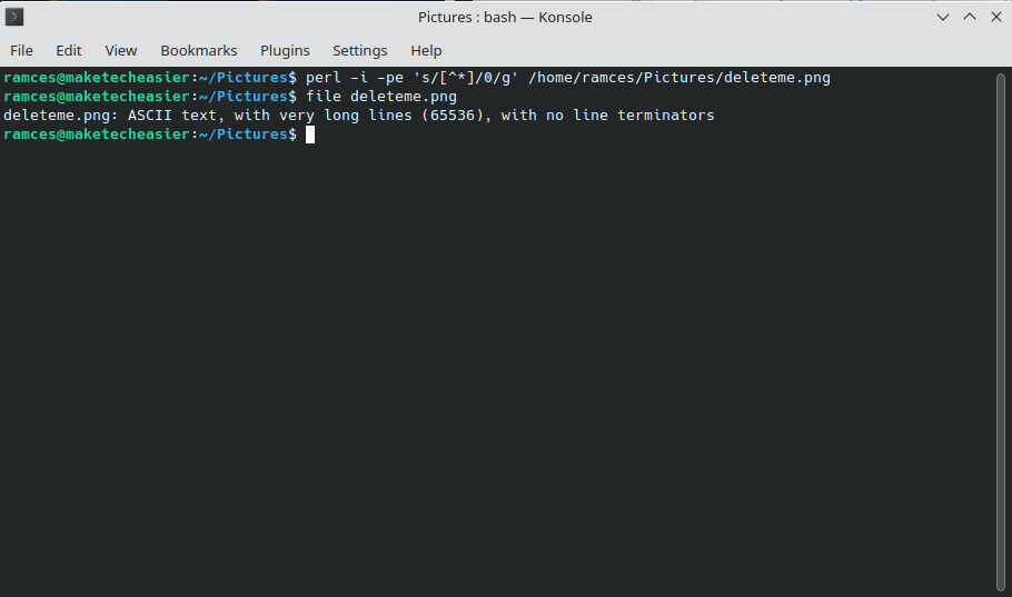 A terminal window showing Perl wiping a file.