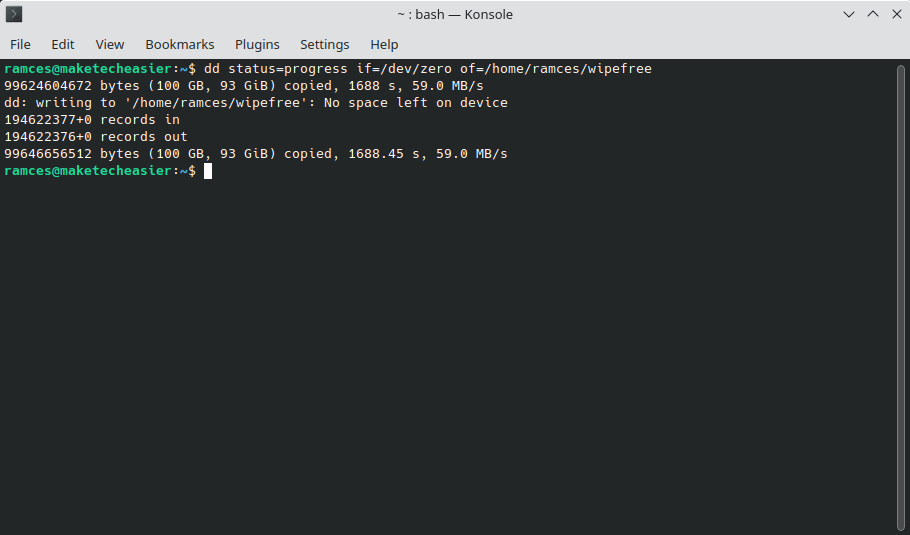 A terminal window showing dd wipe free space command.