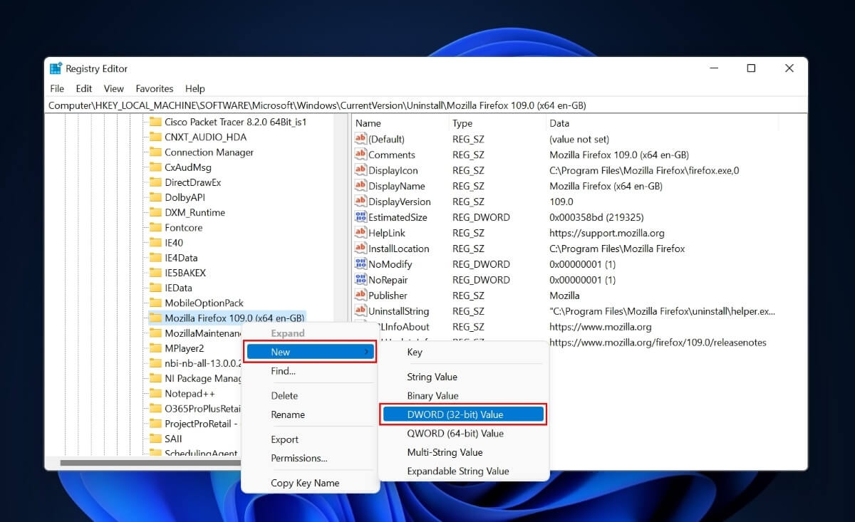 Creating a new "DWORD (32-bit) Value" in Registry Editor. 